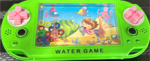 Hand held game with water bubbles pushing rings onto stands.