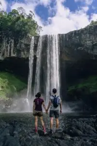 travel, wanderlust, couple, waterfalls, falls, holding hands, phone wallpaper, backpackers, backpacking, travelers, traveling, adventure, landscape, banff, trekking, trip, nature, vacation, journey, alberta, aesthetic wallpaper, iphone wallpaper