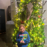 Child by dinosaur exhibit at Universal Studios.