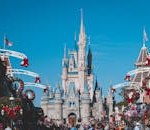 Cinderella Castle at Disney World's Magic Kingdom adorned for holiday festivities, Orlando, Florida.