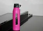 water bottle, hot pink bottle, water, bottle, piano, drink, nature, pink, liquid, gray water, gray bottle, gray piano