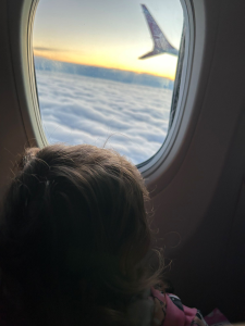 Toddler looking out plane window.