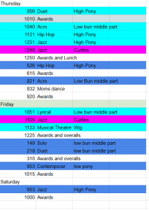 Schedule for dance competion